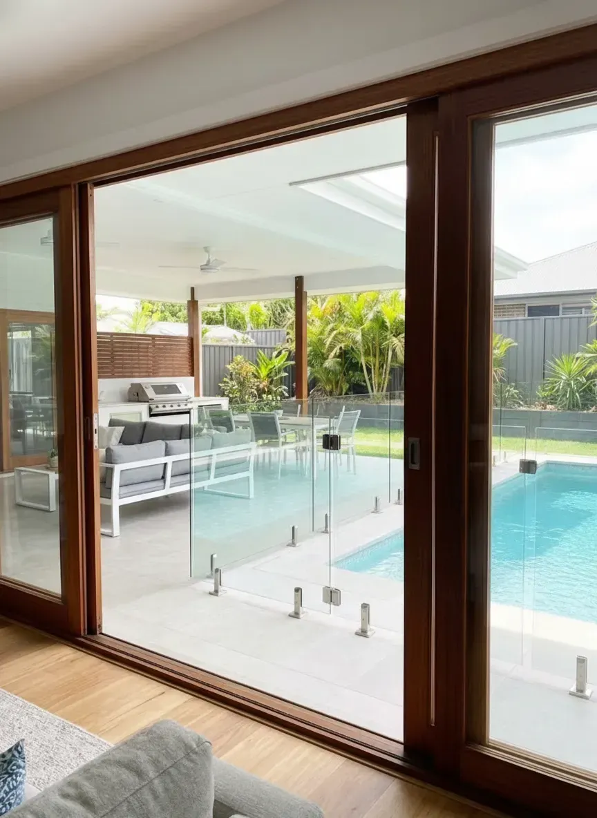 view from kitchen to backyard pool through frameless glass pool fence in Brisbane