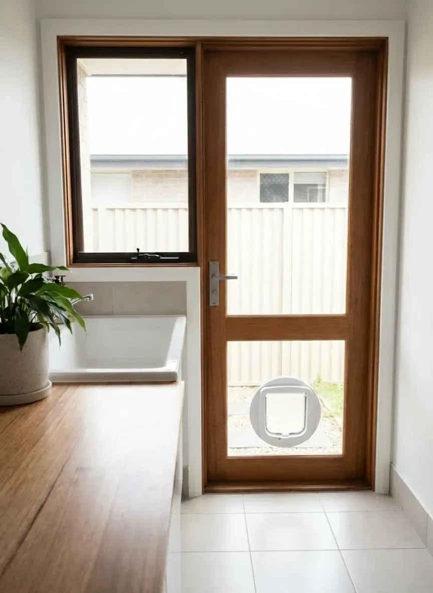 laundry window with installed cat flap in glass panel in Brisbane home